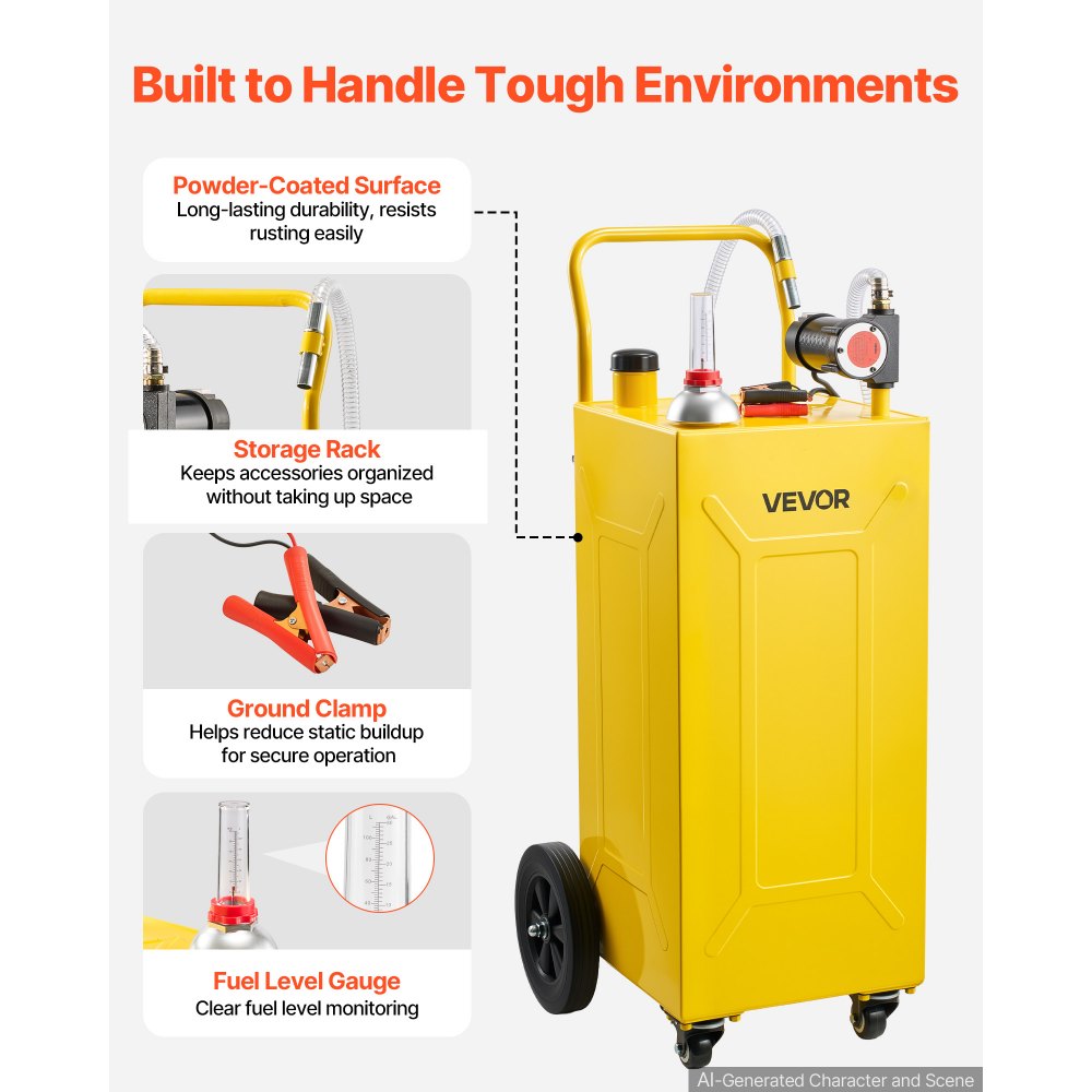 VEVOR 113.6L Diesel Caddy, Carbon Steel, Portable Diesel Transfer Storage Tank with Electric Pump & 4 Rolling Wheels, Transfer Can Container, for Tractors, Forklifts, Loaders, Farm Equipment, Yellow