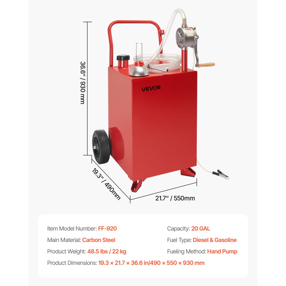 VEVOR 20 Gallon Fuel Caddy, Gasoline & Diesel Fuel Tank with Manual Transfer Pump, Portable Fuel Storage Tank with 2 Wheels & 10 ft Hose, Gas Caddy for Cars, Lawn Mowers, ATVs, Boats, More, Red