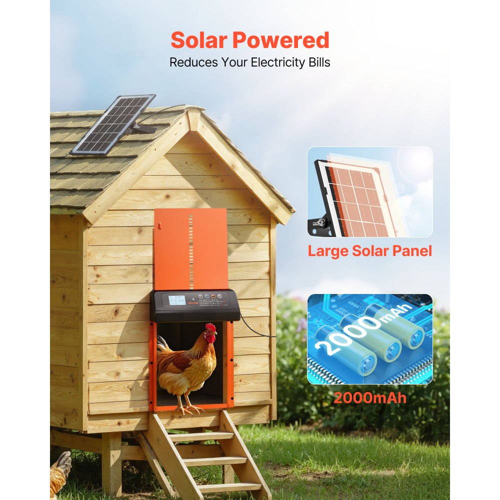 VEVOR Automatic Chicken Coop Door, Solar & Battery Powered Chicken Door with LCD Display, Remote Control, Light Sensor & Timer, Anti-Pinch Security, Aluminum Alloy Chick Run Gate Opener, Orange