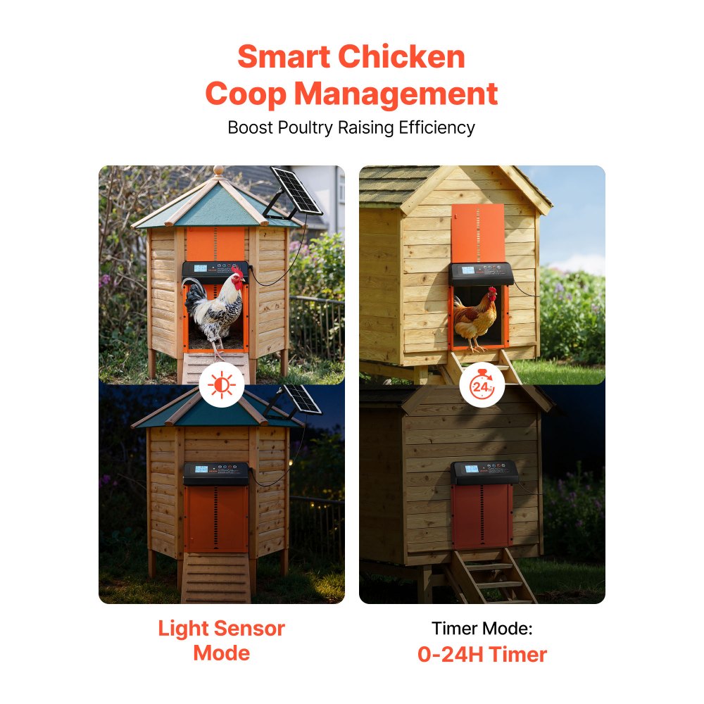 VEVOR Automatic Chicken Coop Door, Solar & Battery Powered Chicken Door with LCD Display, Remote Control, Light Sensor & Timer, Anti-Pinch Security, Aluminum Alloy Chick Run Gate Opener, Orange