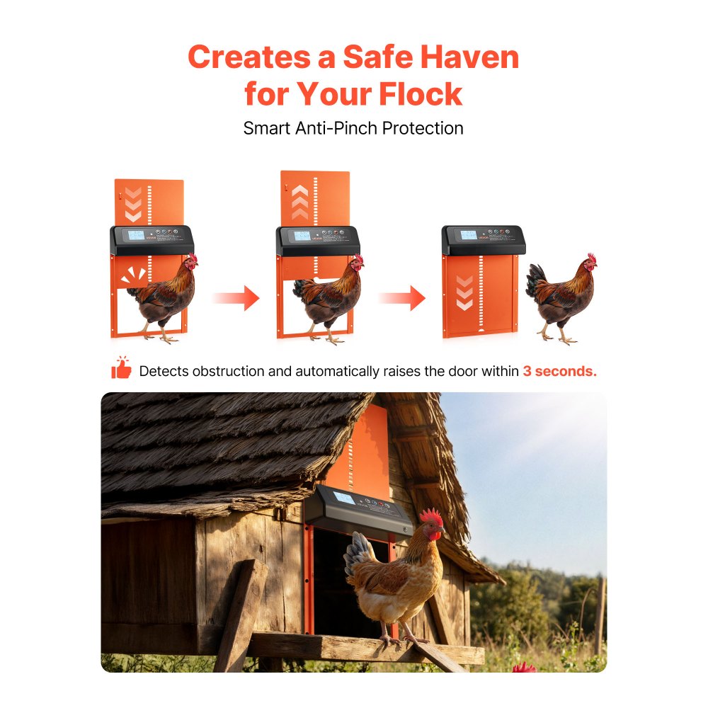 VEVOR Automatic Chicken Coop Door, Solar & Battery Powered Chicken Door with LCD Display, Remote Control, Light Sensor & Timer, Anti-Pinch Security, Aluminum Alloy Chick Run Gate Opener, Orange