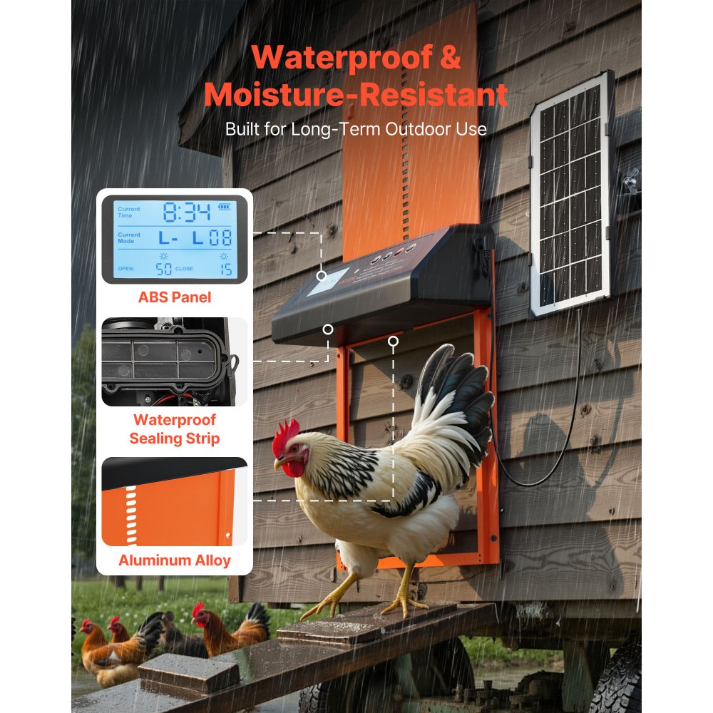 VEVOR Automatic Chicken Coop Door, Solar & Battery Powered Chicken Door with LCD Display, Remote Control, Light Sensor & Timer, Anti-Pinch Security, Aluminum Alloy Chick Run Gate Opener, Orange