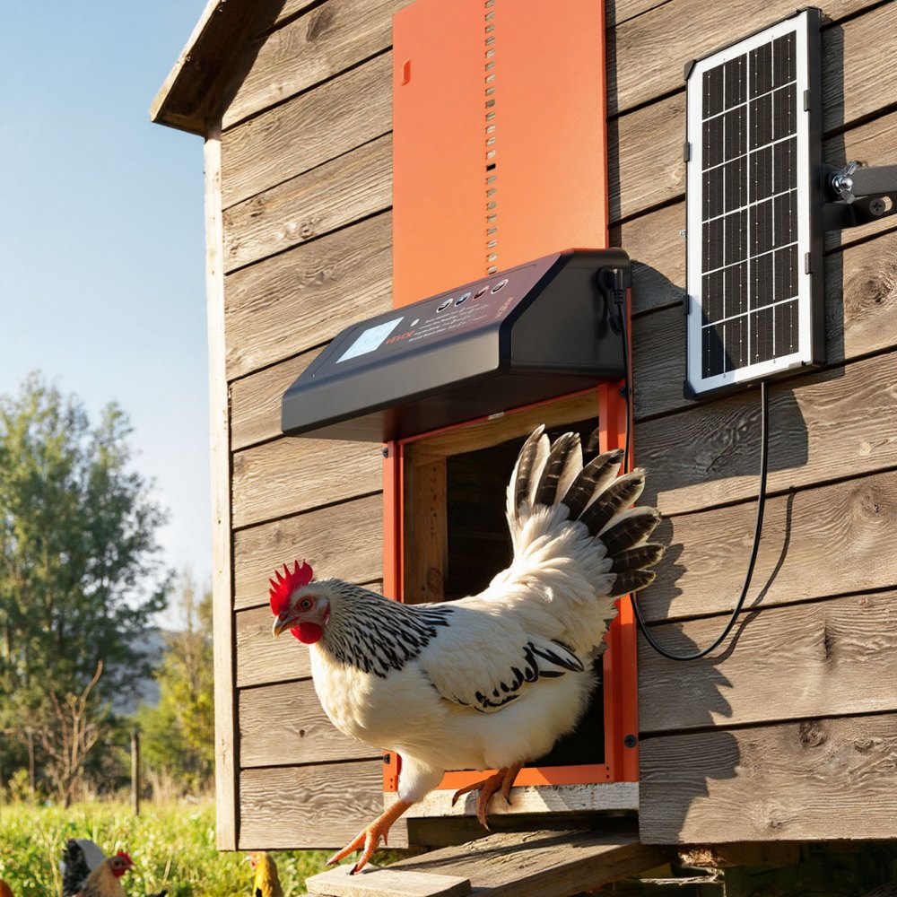 VEVOR Automatic Chicken Coop Door, Solar & Battery Powered Chicken Door with LCD Display, Remote Control, Light Sensor & Timer, Anti-Pinch Security, Aluminum Alloy Chick Run Gate Opener, Orange