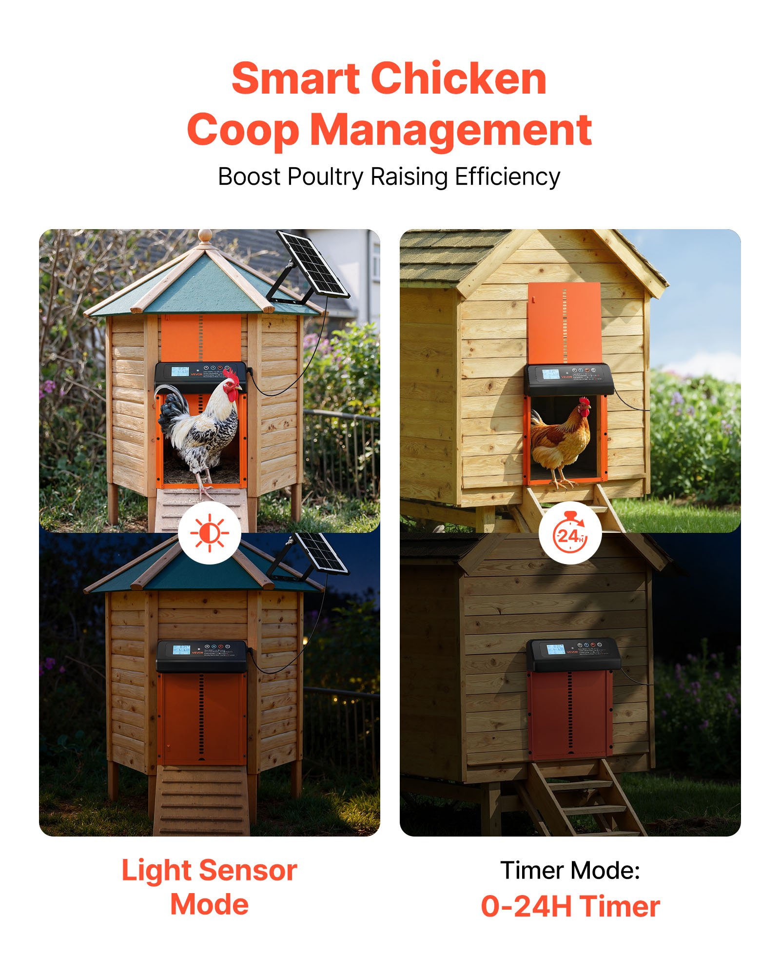 VEVOR Automatic Chicken Coop Door, Solar & Battery Powered Chicken Door with LCD Display, Remote Control, Light Sensor & Timer, Anti-Pinch Security, Aluminum Alloy Chick Run Gate Opener, Orange