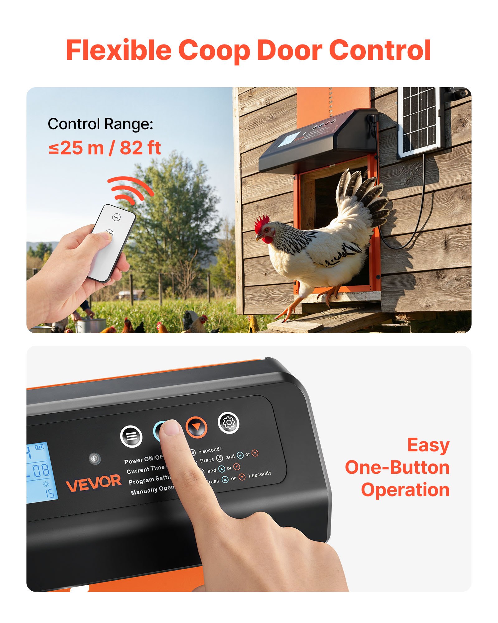 VEVOR Automatic Chicken Coop Door, Solar & Battery Powered Chicken Door with LCD Display, Remote Control, Light Sensor & Timer, Anti-Pinch Security, Aluminum Alloy Chick Run Gate Opener, Orange