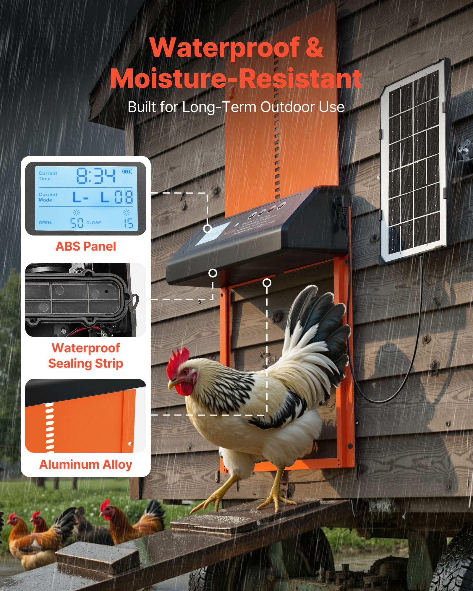 VEVOR Automatic Chicken Coop Door, Solar & Battery Powered Chicken Door with LCD Display, Remote Control, Light Sensor & Timer, Anti-Pinch Security, Aluminum Alloy Chick Run Gate Opener, Orange