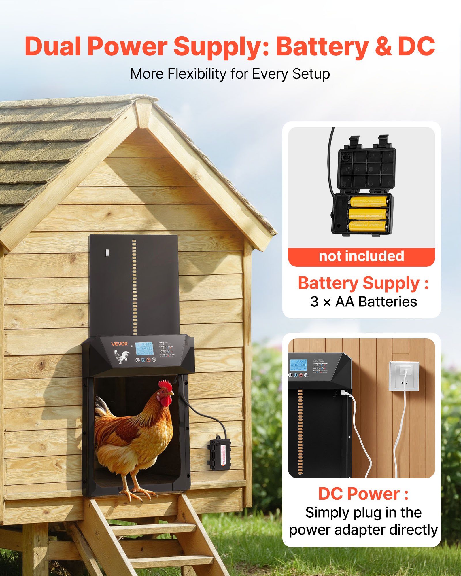 VEVOR Automatic Chicken Coop Door, DC & Battery Powered Chicken Door with LCD Display, Light Sensor, Timer & Manual Setting, Anti-Pinch Security, Durable Aluminum Alloy, Chick Run Gate Opener for Farm