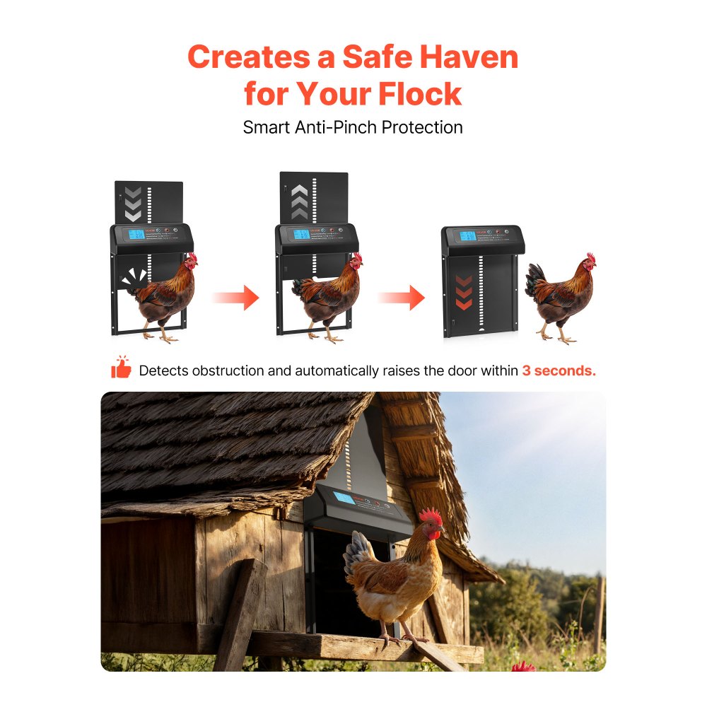 VEVOR Automatic Chicken Coop Door, Battery Powered Chicken Coop Door with Timer & Manual Setting, Anti-Pinch Security, Durable Aluminum Alloy, Auto Chick Run Gate Opener with Waterproof Sealing, Black