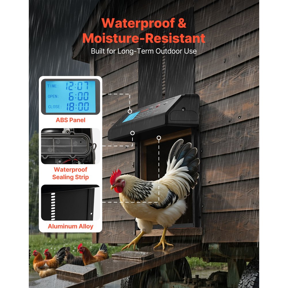 VEVOR Automatic Chicken Coop Door, Battery Powered Chicken Coop Door with Timer & Manual Setting, Anti-Pinch Security, Durable Aluminum Alloy, Auto Chick Run Gate Opener with Waterproof Sealing, Black