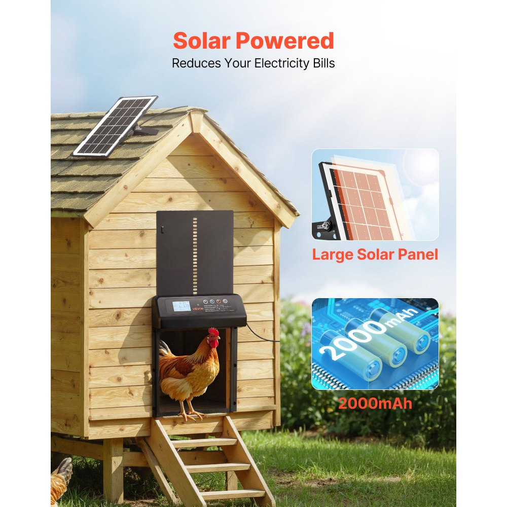 VEVOR Automatic Chicken Coop Door, Solar & Battery Powered Chicken Door with LCD Display, Remote Control, Light Sensor & Timer, Anti-Pinch Security, Aluminum Alloy Chick Run Gate Opener, Black