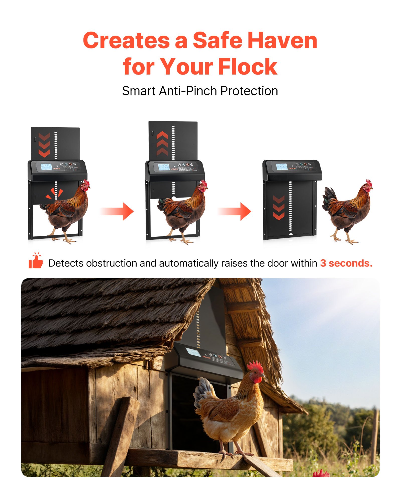 VEVOR Automatic Chicken Coop Door, Solar & Battery Powered Chicken Door with LCD Display, Remote Control, Light Sensor & Timer, Anti-Pinch Security, Aluminum Alloy Chick Run Gate Opener, Black
