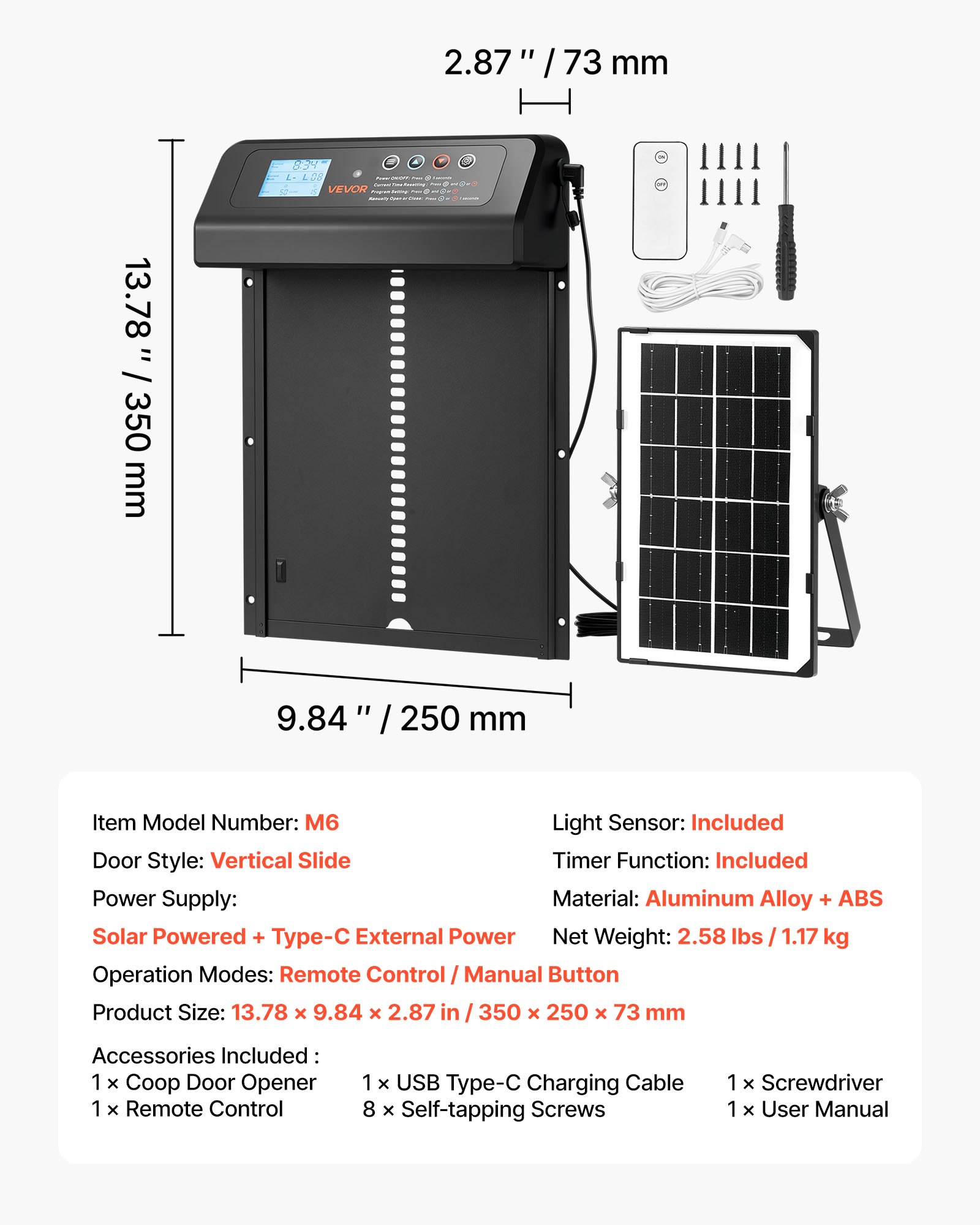VEVOR Automatic Chicken Coop Door, Solar & Battery Powered Chicken Door with LCD Display, Remote Control, Light Sensor & Timer, Anti-Pinch Security, Aluminum Alloy Chick Run Gate Opener, Black