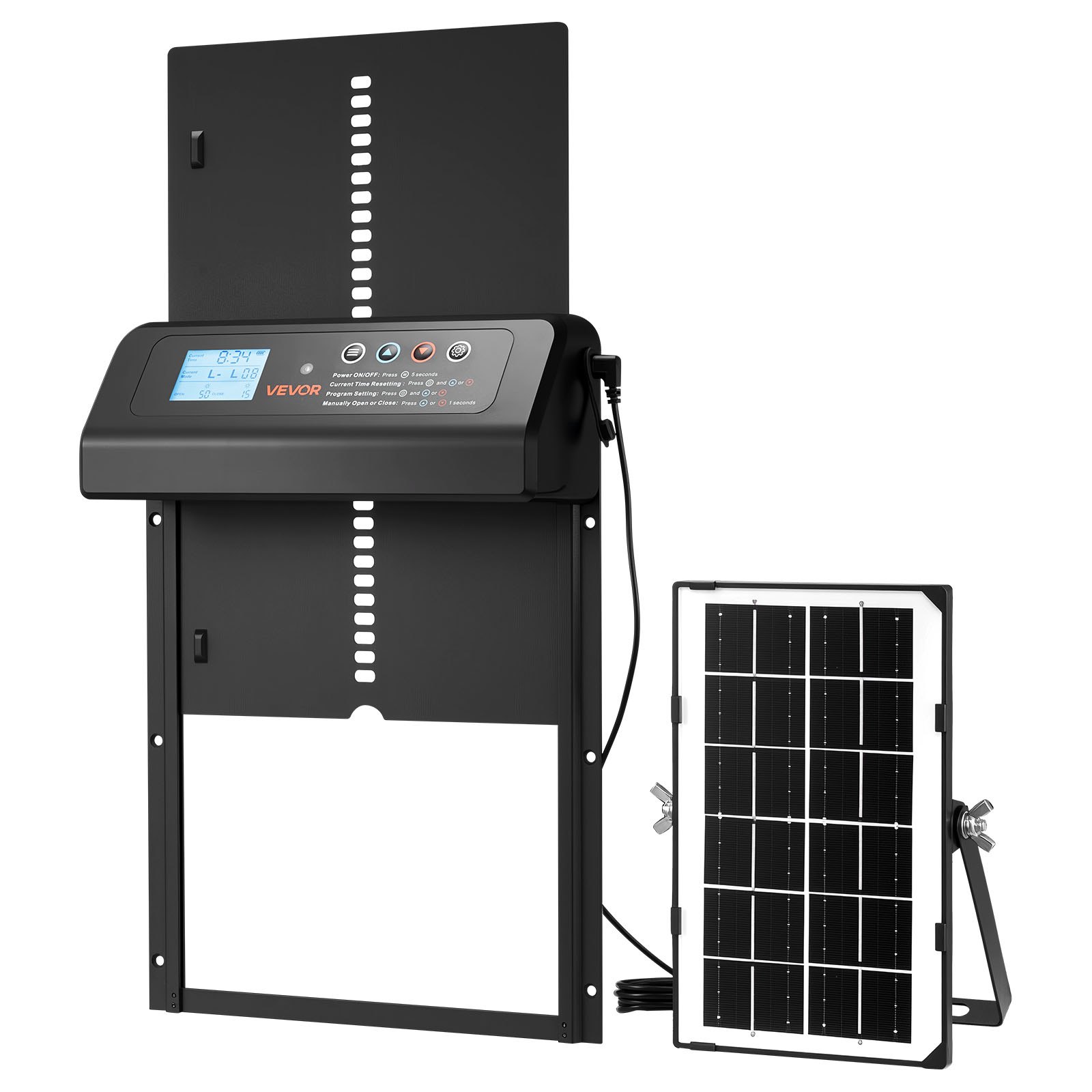VEVOR Automatic Chicken Coop Door, Solar & Battery Powered Chicken Door with LCD Display, Remote Control, Light Sensor & Timer, Anti-Pinch Security, Aluminum Alloy Chick Run Gate Opener, Black