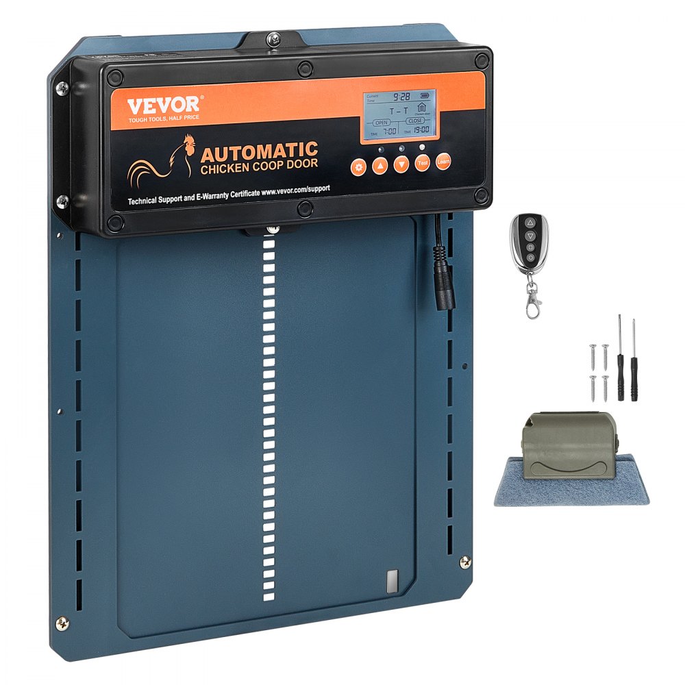 VEVOR automatic chicken coop door with digital display, remote control, power adapter, and hardware.