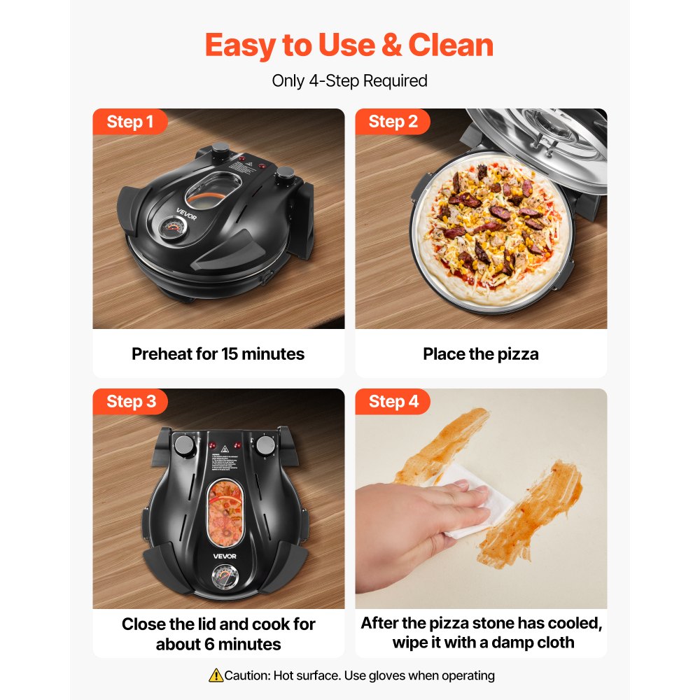 Pizza pec VEVOR, elektrický pekáč na pizzu 304,8 mm, elektrický hrniec na pizzu s výkonom 1200 W s kordieritovým kameňom, 5-režimová regulácia teploty, priezor pre presné varenie, ohrieva až do 420 ℃, pre domácnosť (čierna)