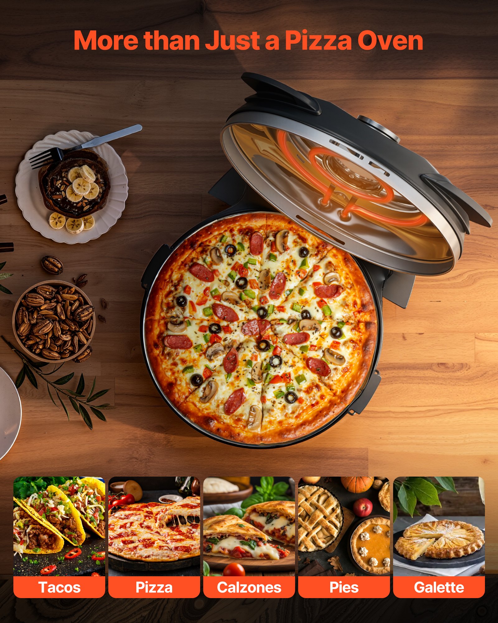 Pizza pec VEVOR, elektrický pekáč na pizzu 304,8 mm, elektrický hrniec na pizzu s výkonom 1200 W s kordieritovým kameňom, 5-režimová regulácia teploty, priezor pre presné varenie, ohrieva až do 420 ℃, pre domácnosť (čierna)