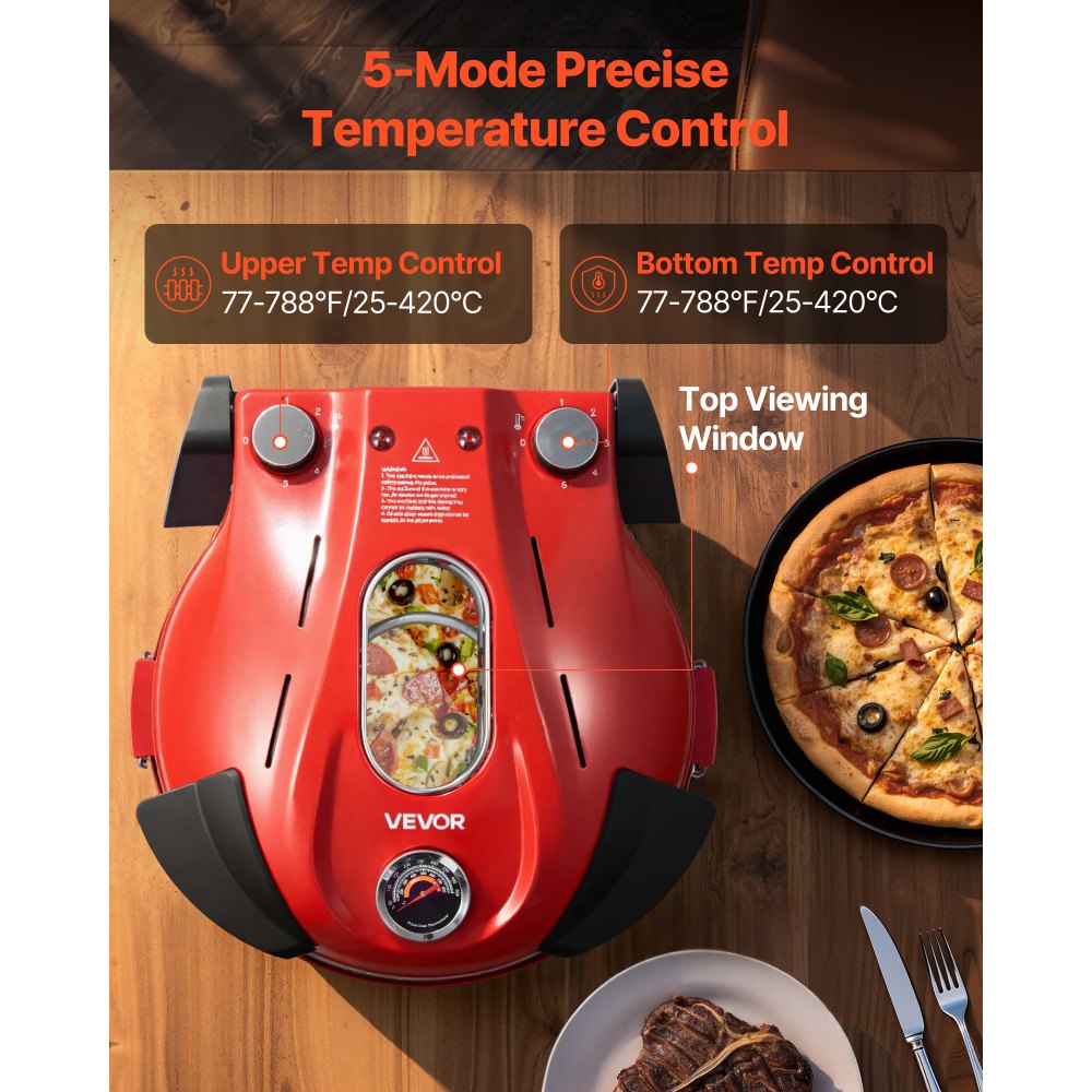 VEVOR Pizza Oven, 304.8 mm Electric Pizza Maker, 1200W Electric Pizzas Cooker with Cordierite Stone, 5-Mode Temperature Control, Viewing Window for Precise Cooking, Heats up to 420℃, for Home (Red)