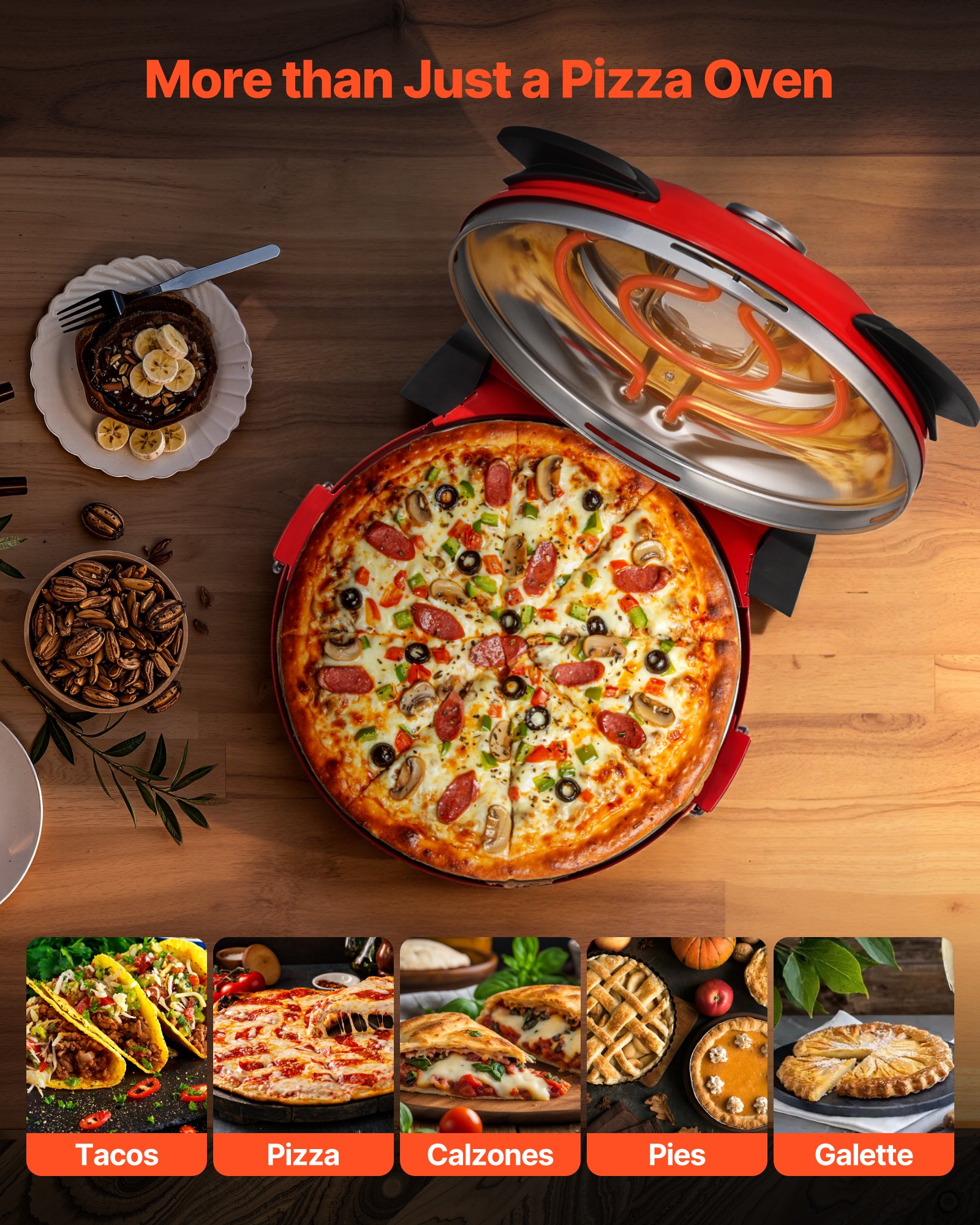 VEVOR Pizza Oven, 304.8 mm Electric Pizza Maker, 1200W Electric Pizzas Cooker with Cordierite Stone, 5-Mode Temperature Control, Viewing Window for Precise Cooking, Heats up to 420℃, for Home (Red)