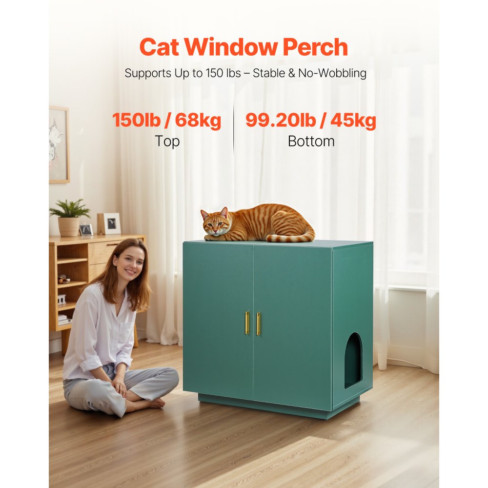 VEVOR Cat Litter Box Enclosure, 31.5 in Hidden Litter Box Cabinet, Wooden Indoor Cat Washroom with Ventilated Holes, Double-Door Kitty Pet House Furniture, End Side Table Fit Most Litterboxes