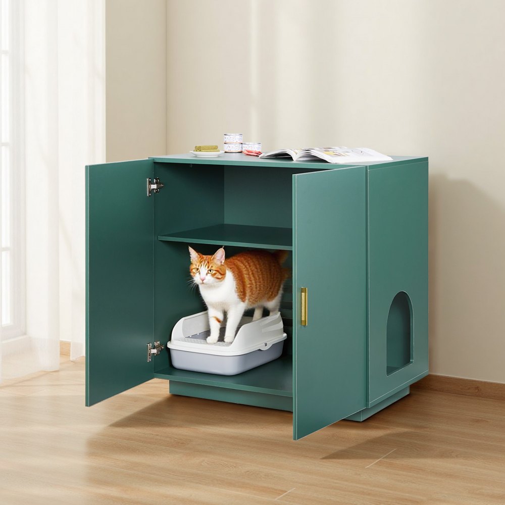 VEVOR Cat Litter Box Enclosure, 31.5 in Hidden Litter Box Cabinet, Wooden Indoor Cat Washroom with Ventilated Holes, Double-Door Kitty Pet House Furniture, End Side Table Fit Most Litterboxes