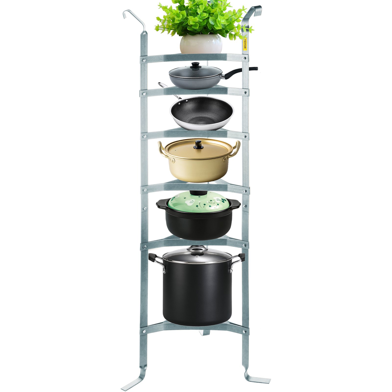 VEVOR 6-Tier Cookware Stand, Carbon Steel Multi-Layer Pot Rack, 61-inch Cookware Shelf, Satin Nickel Cookware Storage Tower, Unassembled Kitchen Corner Shelf Rack for Pans, Pots, and Baskets Storage