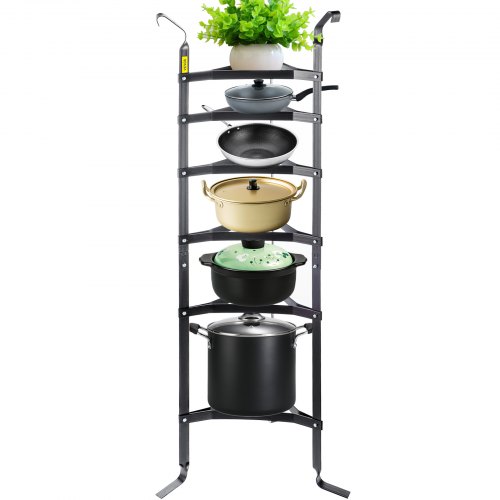 VEVOR 6-Tier Cookware Stand, 61-inch Multi-Layer Pot Rack, Carbon Steel Cookware Shelf, Cookware Storage Tower, Unassembled Kitchen Corner Shelf Rack for Pans, Pots, Baskets and Kettles, Graphite