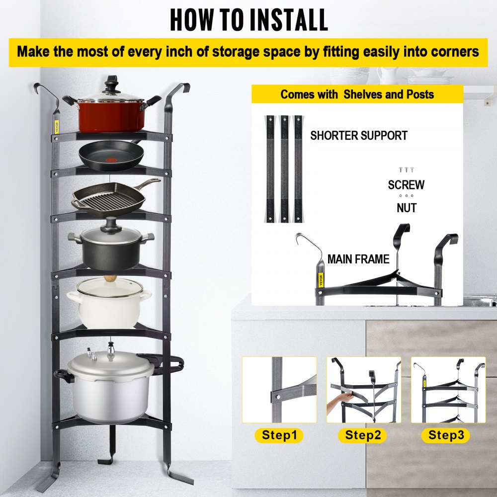 VEVOR 6-Tier Cookware Stand, 61-inch Multi-Layer Pot Rack, Carbon Steel Cookware Shelf, Cookware Storage Tower, Unassembled Kitchen Corner Shelf Rack for Pans, Pots, Baskets and Kettles, Graphite