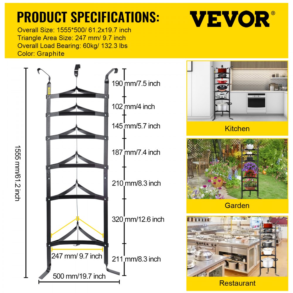 VEVOR 6-Tier Cookware Stand, 61-inch Multi-Layer Pot Rack, Carbon Steel Cookware Shelf, Cookware Storage Tower, Unassembled Kitchen Corner Shelf Rack for Pans, Pots, Baskets and Kettles, Graphite
