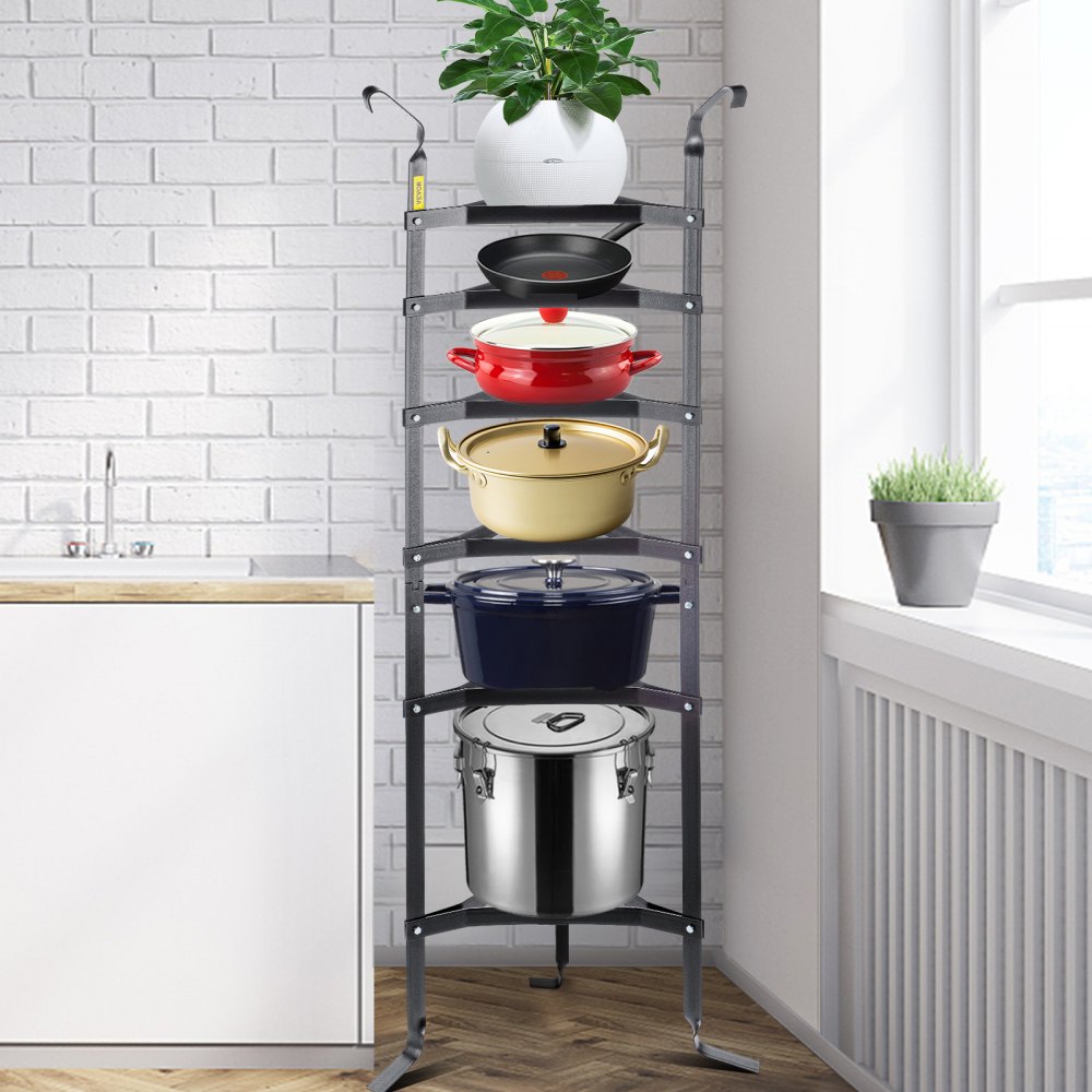 VEVOR 6-Tier Cookware Stand, 61-inch Multi-Layer Pot Rack, Carbon Steel Cookware Shelf, Cookware Storage Tower, Unassembled Kitchen Corner Shelf Rack for Pans, Pots, Baskets and Kettles, Graphite