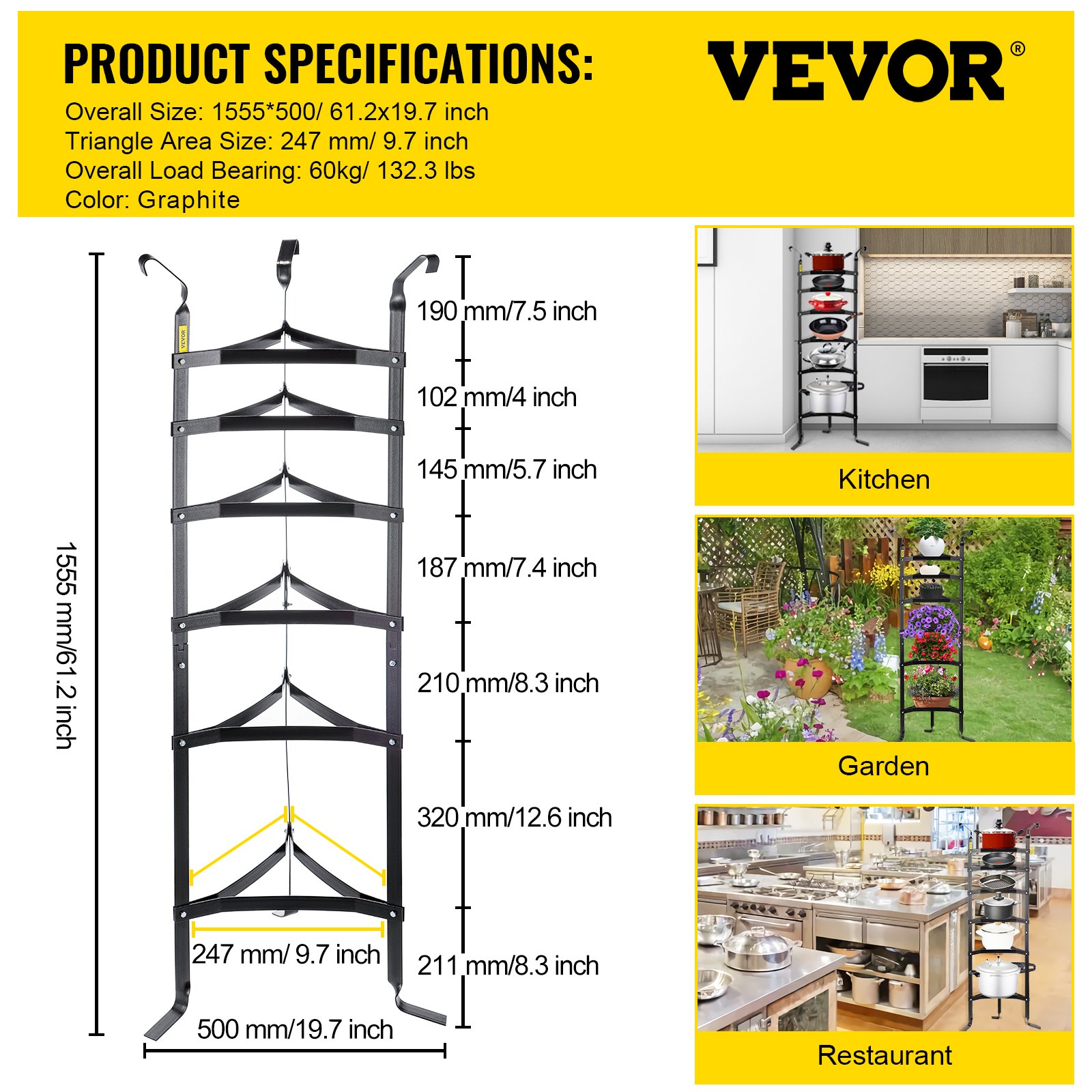 VEVOR 6-Tier Cookware Stand, 61-inch Multi-Layer Pot Rack, Carbon Steel Cookware Shelf, Cookware Storage Tower, Unassembled Kitchen Corner Shelf Rack for Pans, Pots, Baskets and Kettles, Graphite
