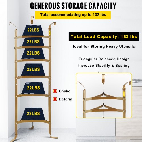 VEVOR 6-Tier Cookware Stand, 61-inch Multi-Layer Pot Rack, Carbon Steel Cookware Shelf, Cookware Storage Tower, Unassembled Kitchen Corner Shelf Rack for Pans, Pots, Baskets and Kettles, Copper