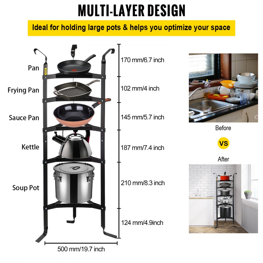VEVOR 5-Tier Cookware Stand, Carbon Steel Multi-Layer Pot Rack, 42.7-inch Cookware Shelf, Matt Black Cookware Storage Tower, Unassembled Kitchen Corner Shelf Rack for Pans, Pots, and Kettles Storage