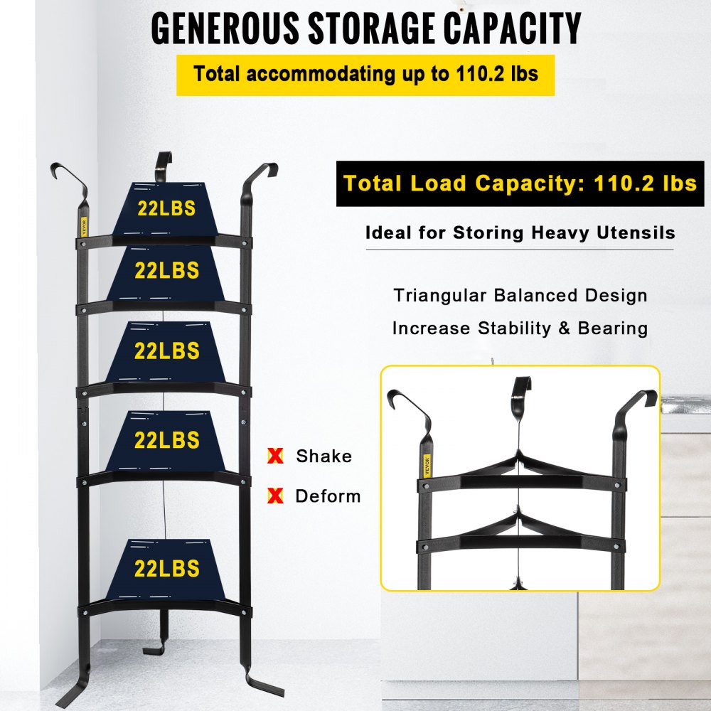VEVOR 5-Tier Cookware Stand, Carbon Steel Multi-Layer Pot Rack, 42.7-inch Cookware Shelf, Matt Black Cookware Storage Tower, Unassembled Kitchen Corner Shelf Rack for Pans, Pots, and Kettles Storage