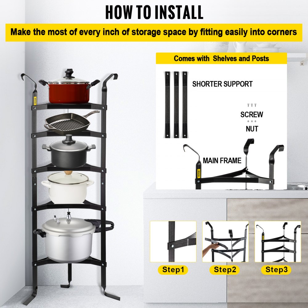 VEVOR 5-Tier Cookware Stand, Carbon Steel Multi-Layer Pot Rack, 42.7-inch Cookware Shelf, Matt Black Cookware Storage Tower, Unassembled Kitchen Corner Shelf Rack for Pans, Pots, and Kettles Storage