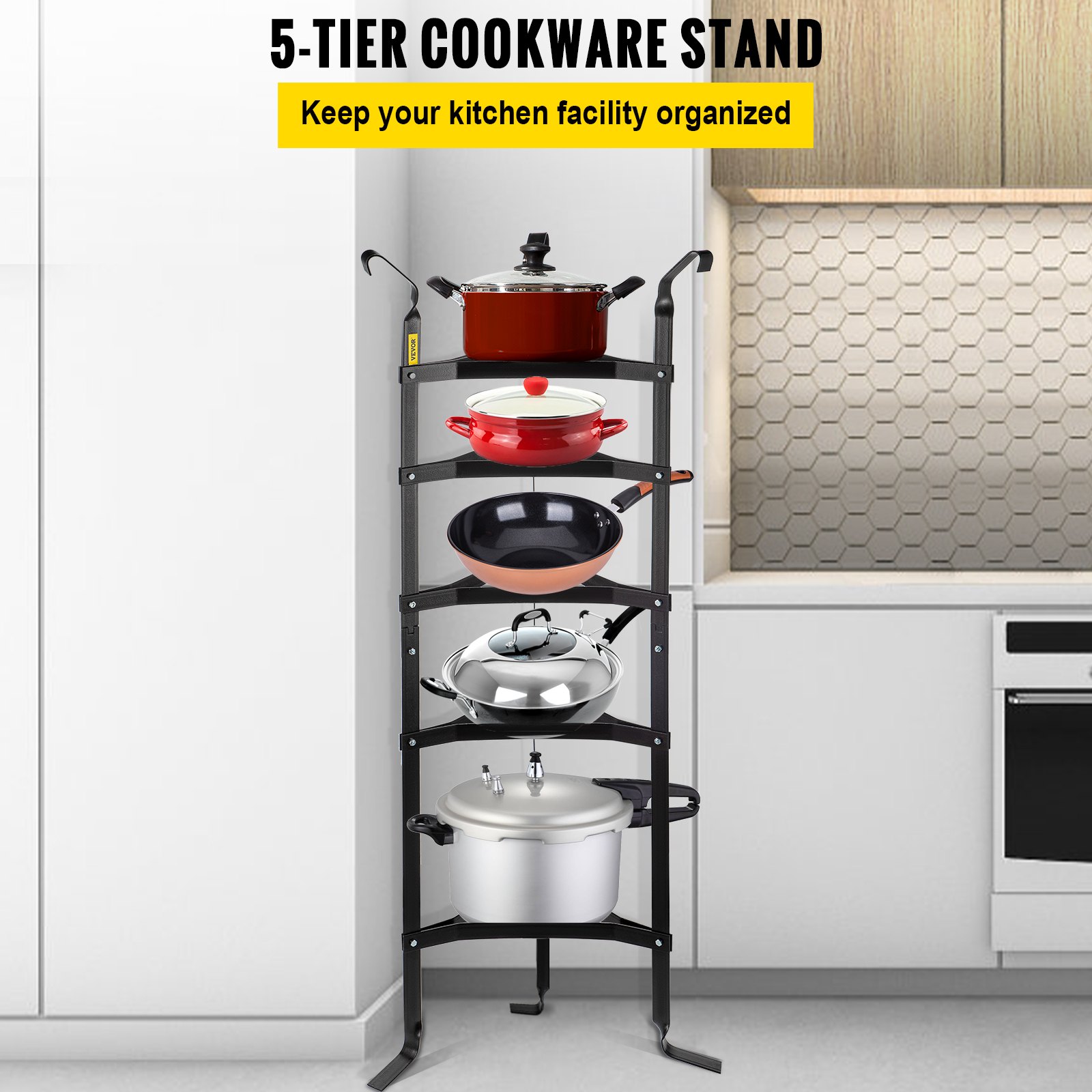 VEVOR 5-Tier Cookware Stand, Carbon Steel Multi-Layer Pot Rack, 42.7-inch Cookware Shelf, Matt Black Cookware Storage Tower, Unassembled Kitchen Corner Shelf Rack for Pans, Pots, and Kettles Storage