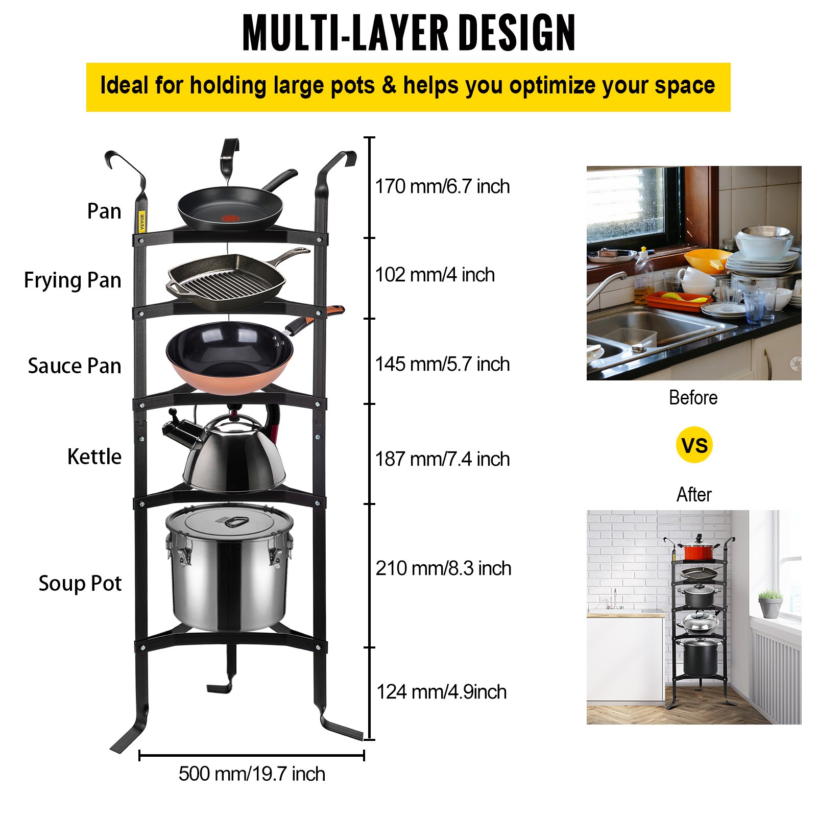 VEVOR 5-Tier Cookware Stand, Carbon Steel Multi-Layer Pot Rack, 42.7-inch Cookware Shelf, Matt Black Cookware Storage Tower, Unassembled Kitchen Corner Shelf Rack for Pans, Pots, and Kettles Storage