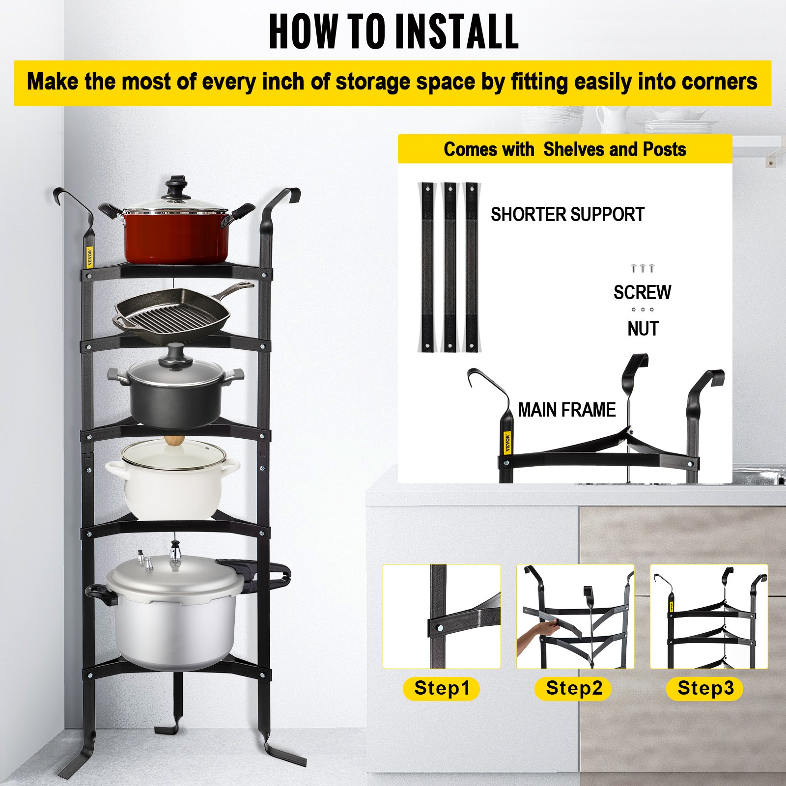 VEVOR 5-Tier Cookware Stand, Carbon Steel Multi-Layer Pot Rack, 42.7-inch Cookware Shelf, Matt Black Cookware Storage Tower, Unassembled Kitchen Corner Shelf Rack for Pans, Pots, and Kettles Storage
