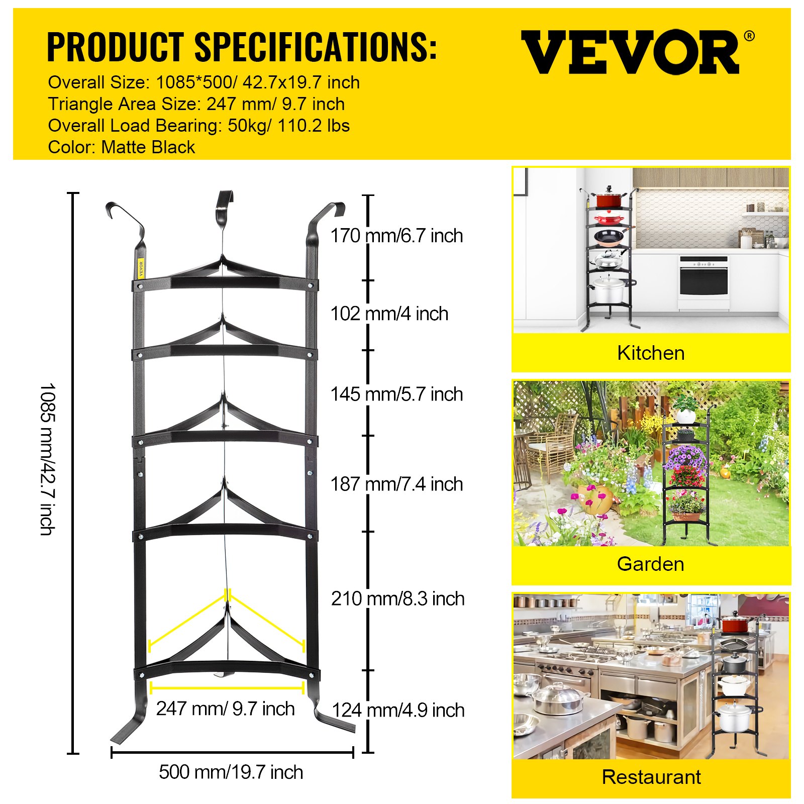 VEVOR 5-Tier Cookware Stand, Carbon Steel Multi-Layer Pot Rack, 42.7-inch Cookware Shelf, Matt Black Cookware Storage Tower, Unassembled Kitchen Corner Shelf Rack for Pans, Pots, and Kettles Storage