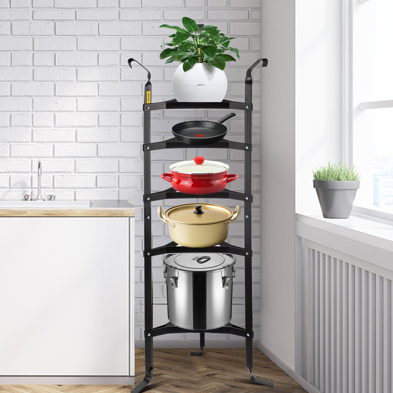 VEVOR 5-Tier Cookware Stand, Carbon Steel Multi-Layer Pot Rack, 42.7-inch Cookware Shelf, Matt Black Cookware Storage Tower, Unassembled Kitchen Corner Shelf Rack for Pans, Pots, and Kettles Storage