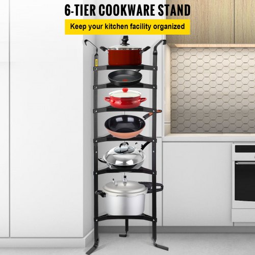 VEVOR 6-Tier Cookware Stand, 61-inch Multi-Layer Pot Rack, Carbon Steel Cookware Shelf, Cookware Storage Tower, Unassembled Kitchen Corner Shelf Rack for Pans, Pots, Baskets and Kettles, Matte Black
