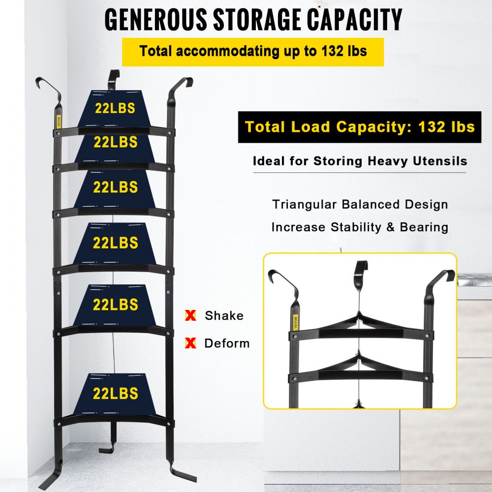 VEVOR 6-Tier Cookware Stand, 61-inch Multi-Layer Pot Rack, Carbon Steel Cookware Shelf, Cookware Storage Tower, Unassembled Kitchen Corner Shelf Rack for Pans, Pots, Baskets and Kettles, Matte Black