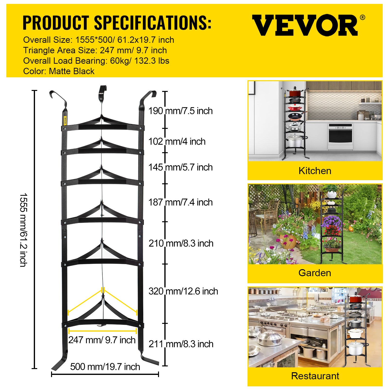 VEVOR 6-Tier Cookware Stand, 61-inch Multi-Layer Pot Rack, Carbon Steel Cookware Shelf, Cookware Storage Tower, Unassembled Kitchen Corner Shelf Rack for Pans, Pots, Baskets and Kettles, Matte Black