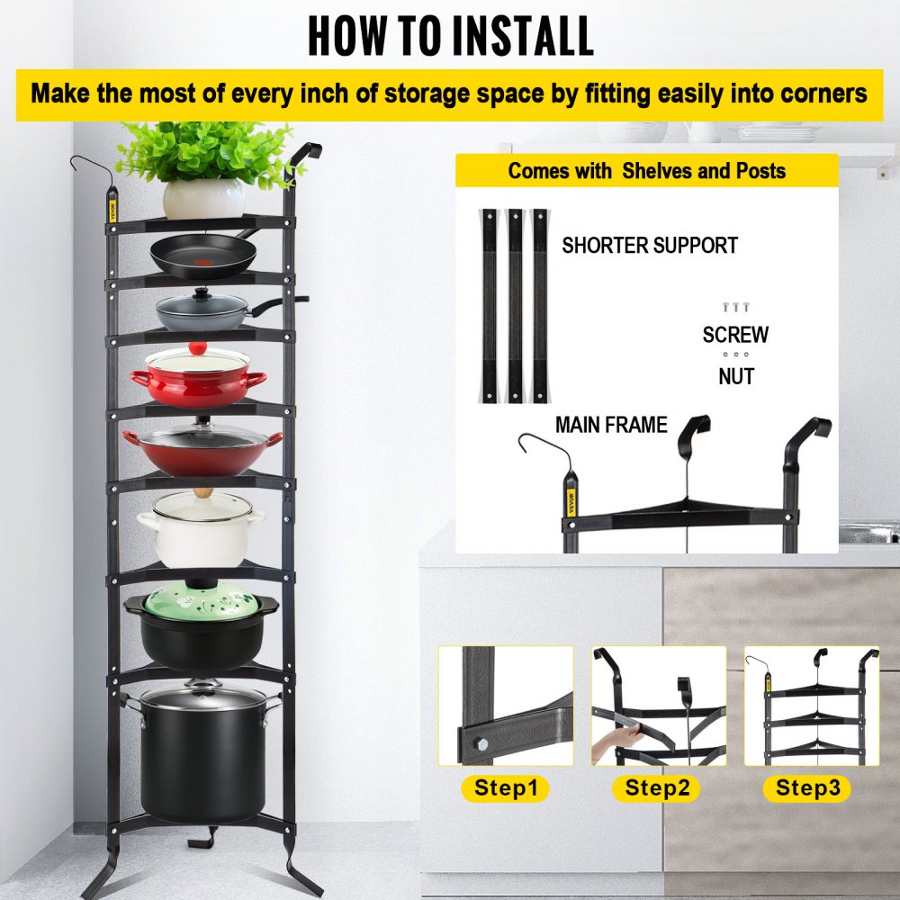 VEVOR 8-Tier Cookware Stand, 68-inch Multi-Layer Pot Rack, Carbon Steel Cookware Shelf, Cookware Storage Tower, Unassembled Kitchen Corner Shelf Rack for Pans, Pots, and Kettles, Matte Black