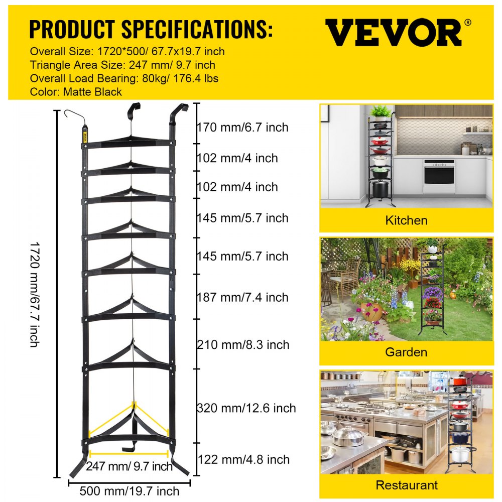 VEVOR 8-Tier Cookware Stand, 68-inch Multi-Layer Pot Rack, Carbon Steel Cookware Shelf, Cookware Storage Tower, Unassembled Kitchen Corner Shelf Rack for Pans, Pots, and Kettles, Matte Black