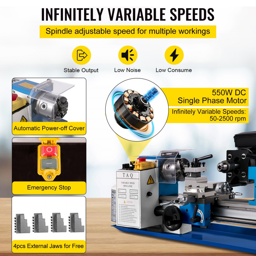 VEVOR Mini Metal Lathe 550W Variable Speed Metal Lathe 50 to 2500Rpm Digital Milling Metal Lathe 7x14 Inch for Areas such as Mini Precision Parts Processing Sample Processing Modeling Works
