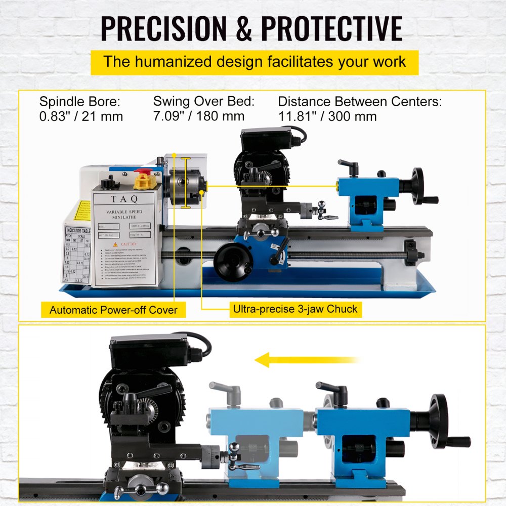 VEVOR Mini Metal Lathe 550W Variable Speed Metal Lathe 50 to 2500Rpm Digital Milling Metal Lathe 7x14 Inch for Areas such as Mini Precision Parts Processing Sample Processing Modeling Works