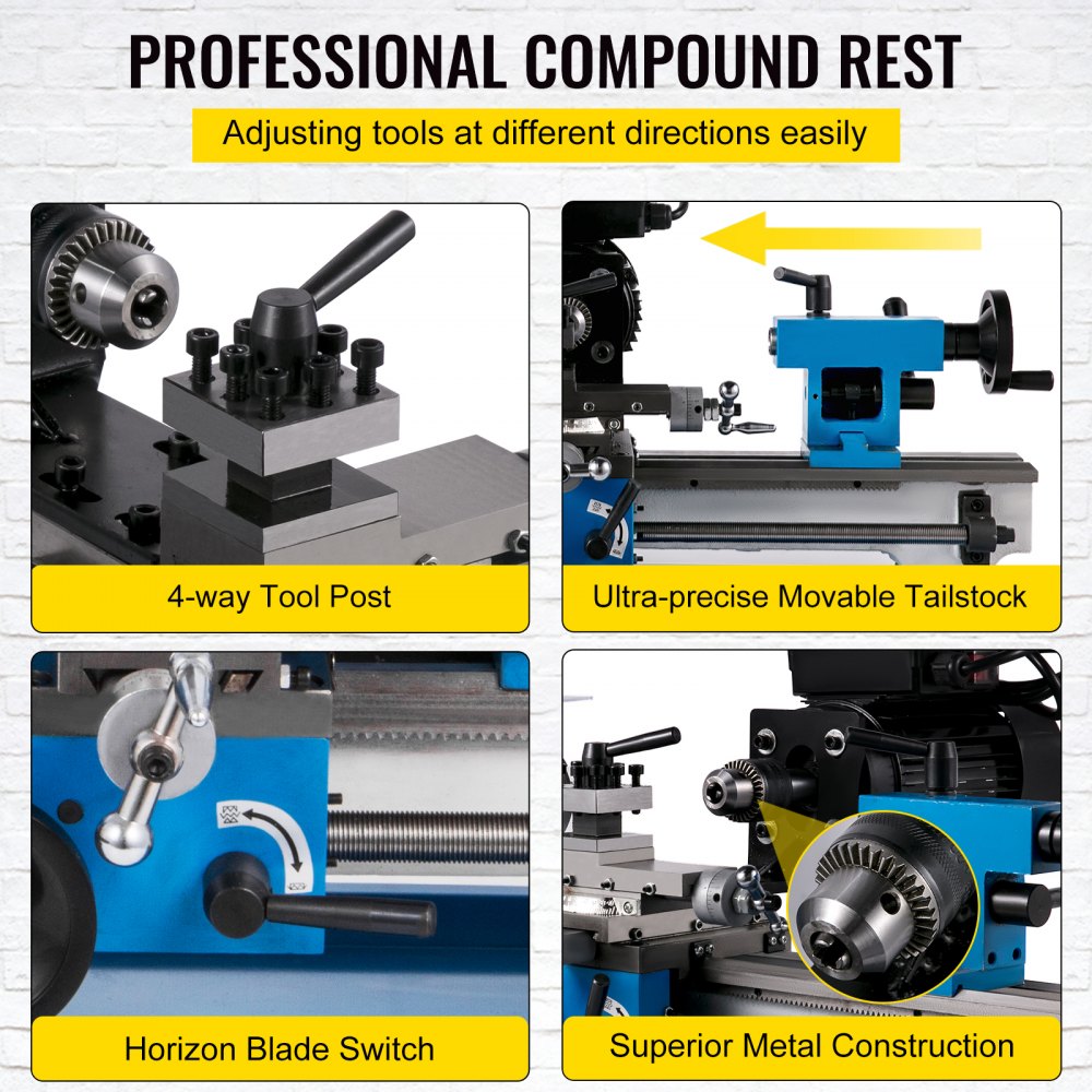 VEVOR Mini Metal Lathe 550W Variable Speed Metal Lathe 50 to 2500Rpm Digital Milling Metal Lathe 7x14 Inch for Areas such as Mini Precision Parts Processing Sample Processing Modeling Works