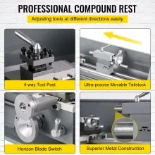 VEVOR Metal Lathe 8.7 x 29.5 Inch/220 x 750MM Mini Metal Lathe 1100W Infinitely Variable Speed Mini Lathe Machine LED Screen for Counter Face Turning Driling