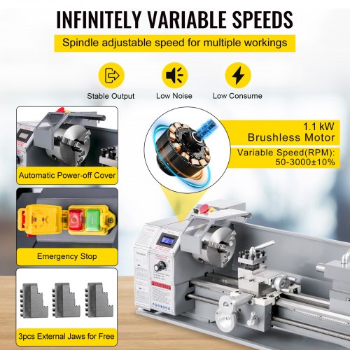 VEVOR 1100W Mini Metal Lathe 220MMx750MM Variable-Speed Metal Lathe RPM Metal Milling Machine Digital Milling Metal Lathe with 3-Jaw Chuck, MT5 Spindle Taper, MT2 Tailstock Taper