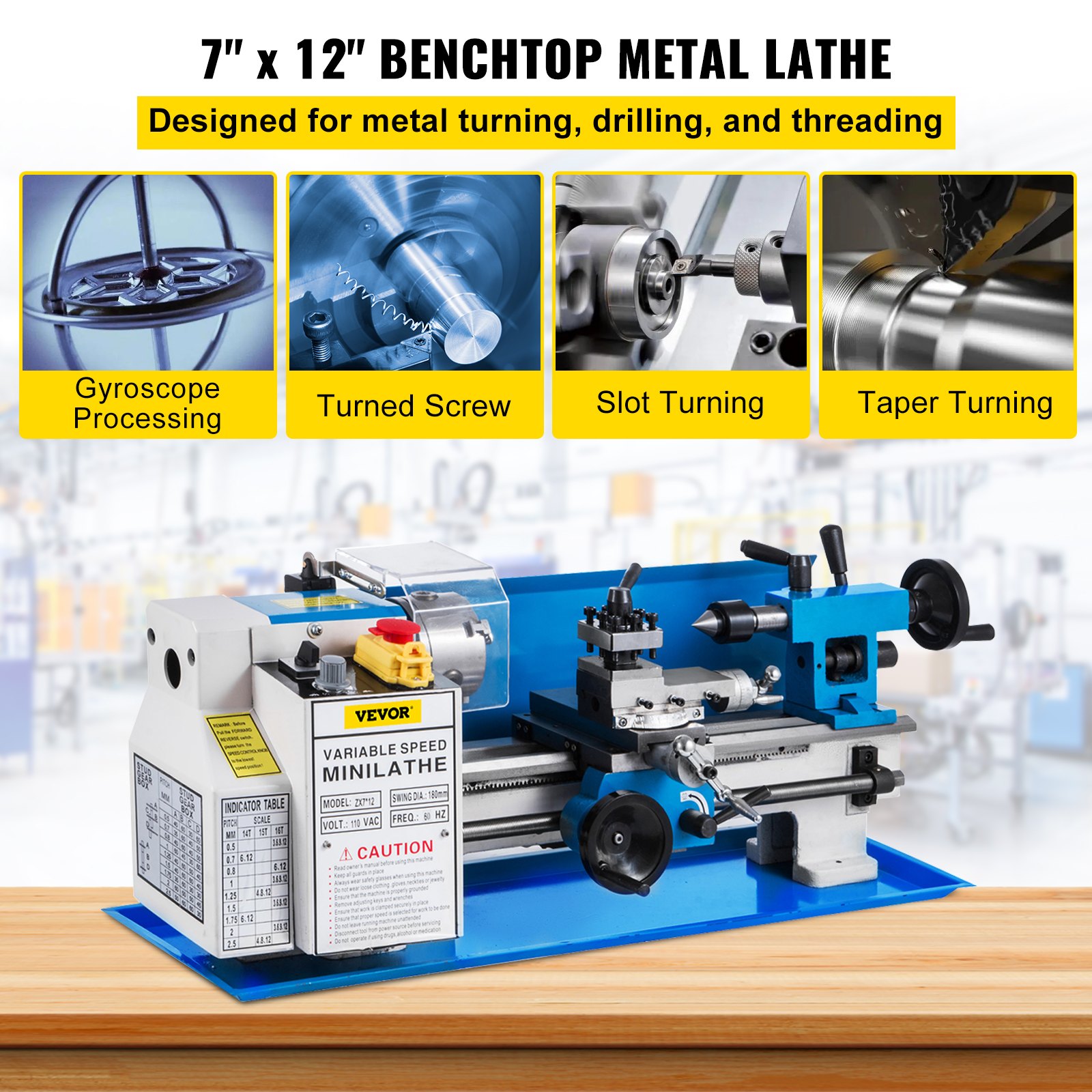 VEVOR Mini Metal Milling Lathe Benchtop 7"x12" Variable Speed 50-2500RPM w/ Lamp
